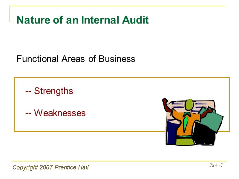Copyright 2007 Prentice Hall Ch 4 -7 Nature of an Internal Audit  --